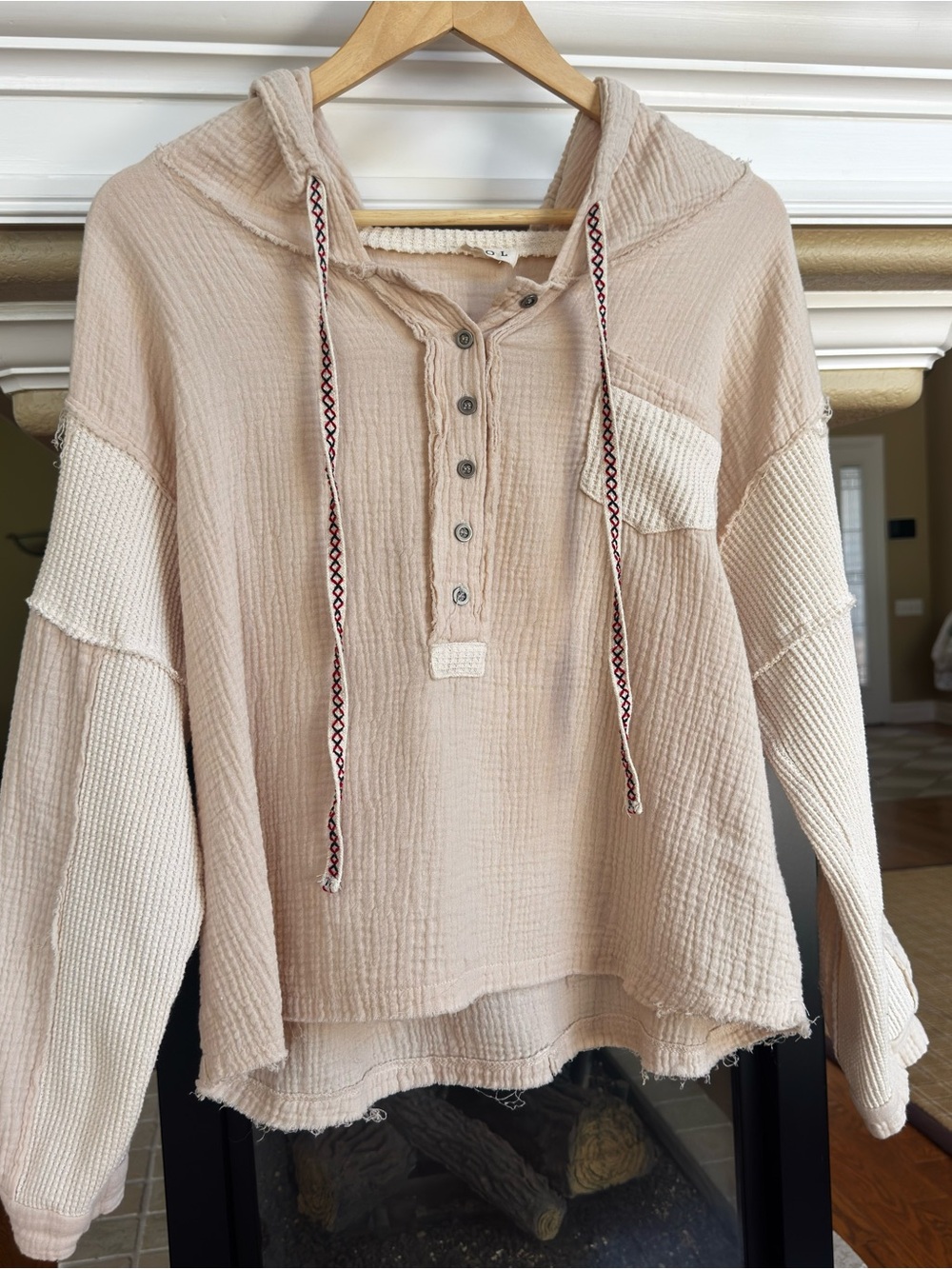 POL Tan Boho Oversized Patchwork Gauze and Thermal Hoodie Size S
